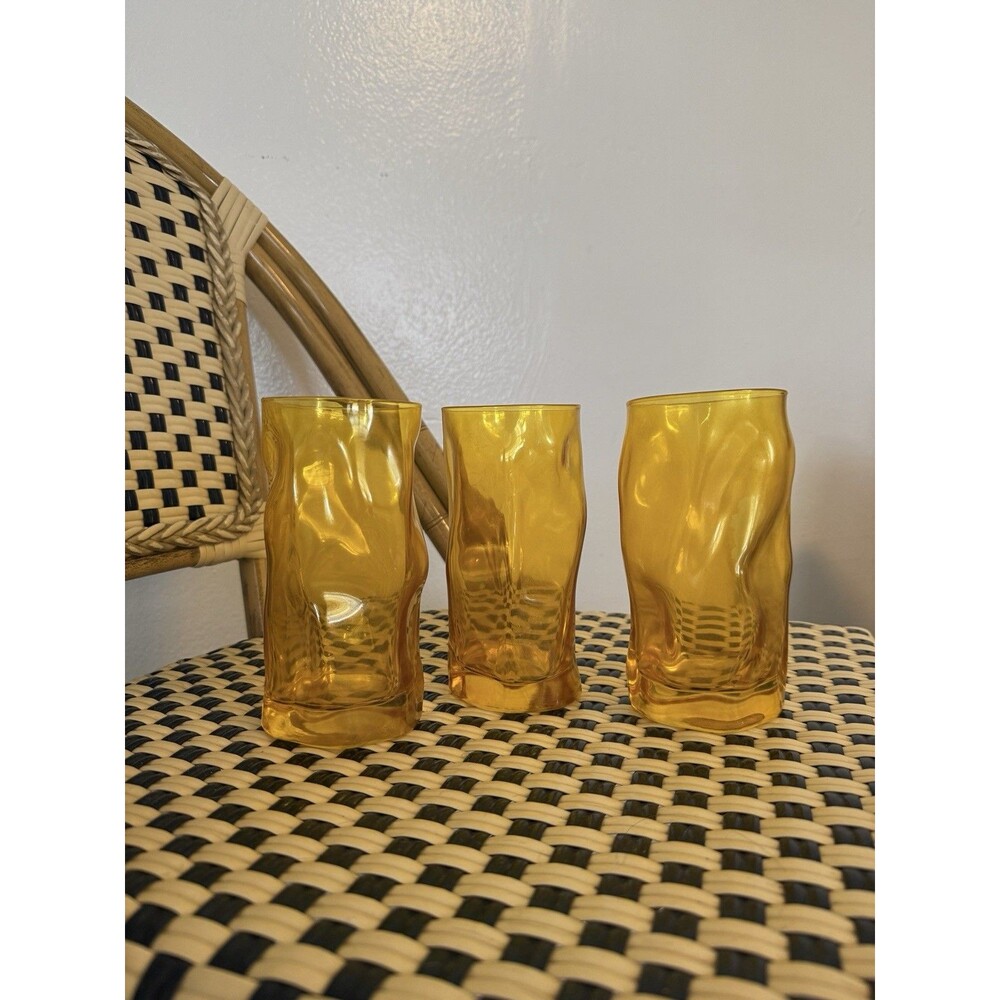 Vintage Bormioli Rocco Sorgente Yellow Drinking Glass Set (3) 6” Tumbler